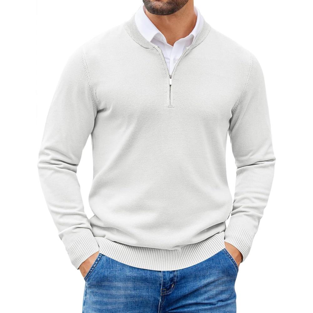 imageCOOFANDY Mens Quarter Zip Pullover Slim Fit Dress Sweaters Lightweight Mock Neck Knit SweaterWhite
