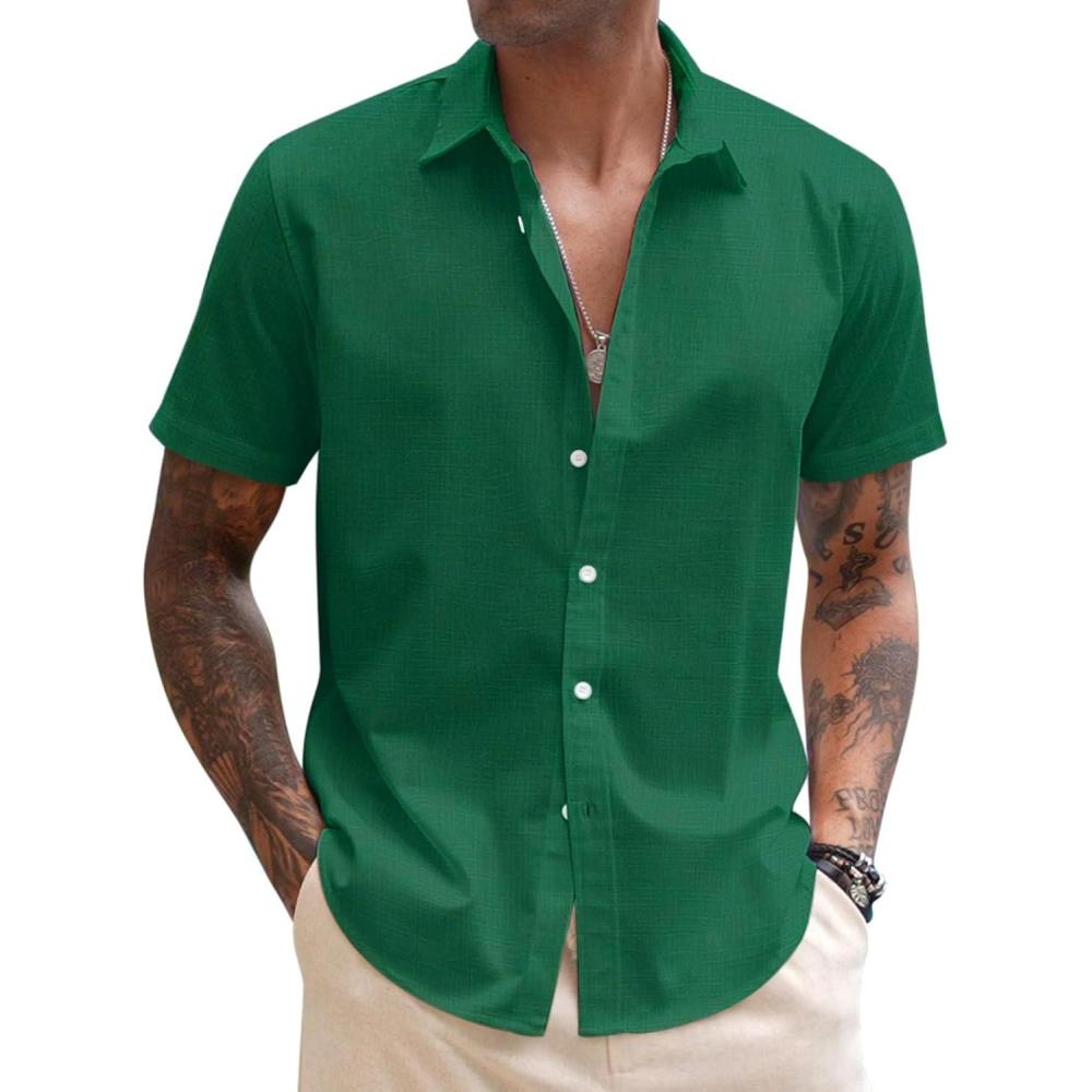 imageCOOFANDY Mens Shirt Casual Button Down Short Sleeve Shirt Summer Cotton Linen Beach ShirtsEvergreen
