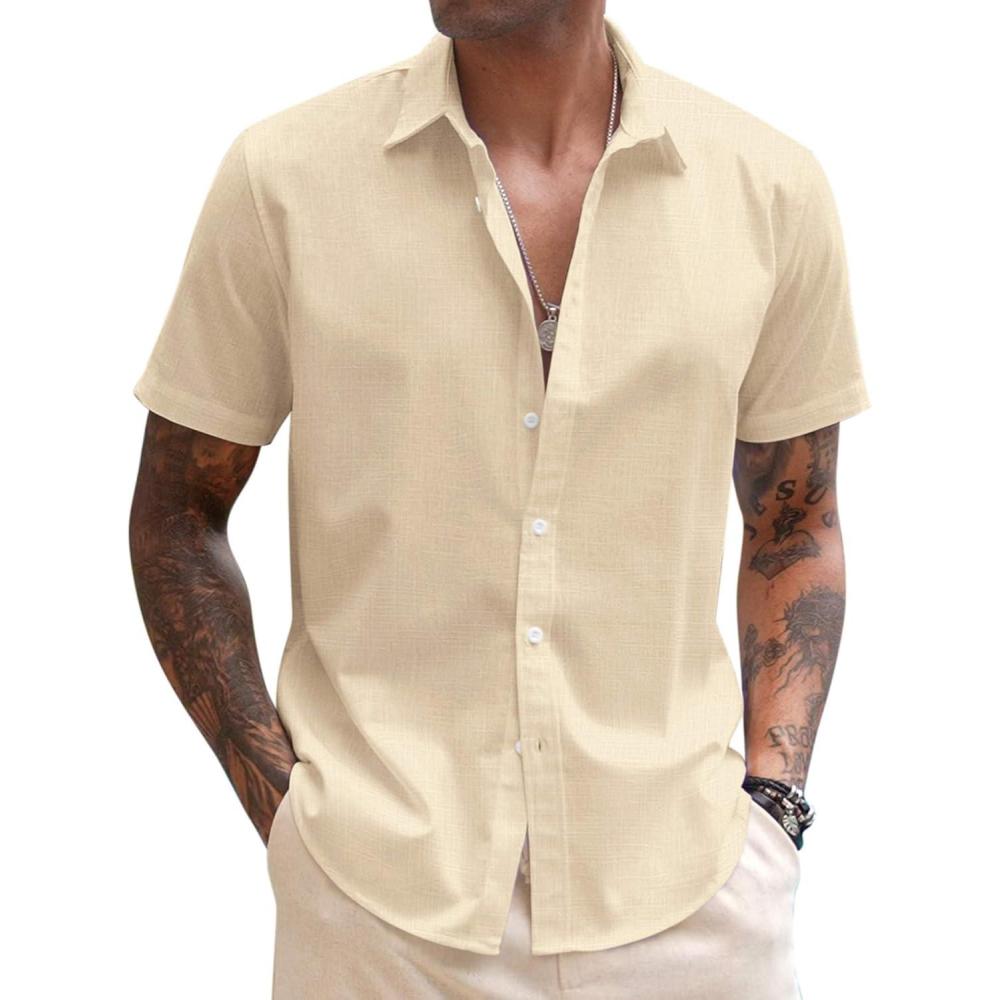 imageCOOFANDY Mens Shirt Casual Button Down Short Sleeve Shirt Summer Cotton Linen Beach ShirtsKhaki