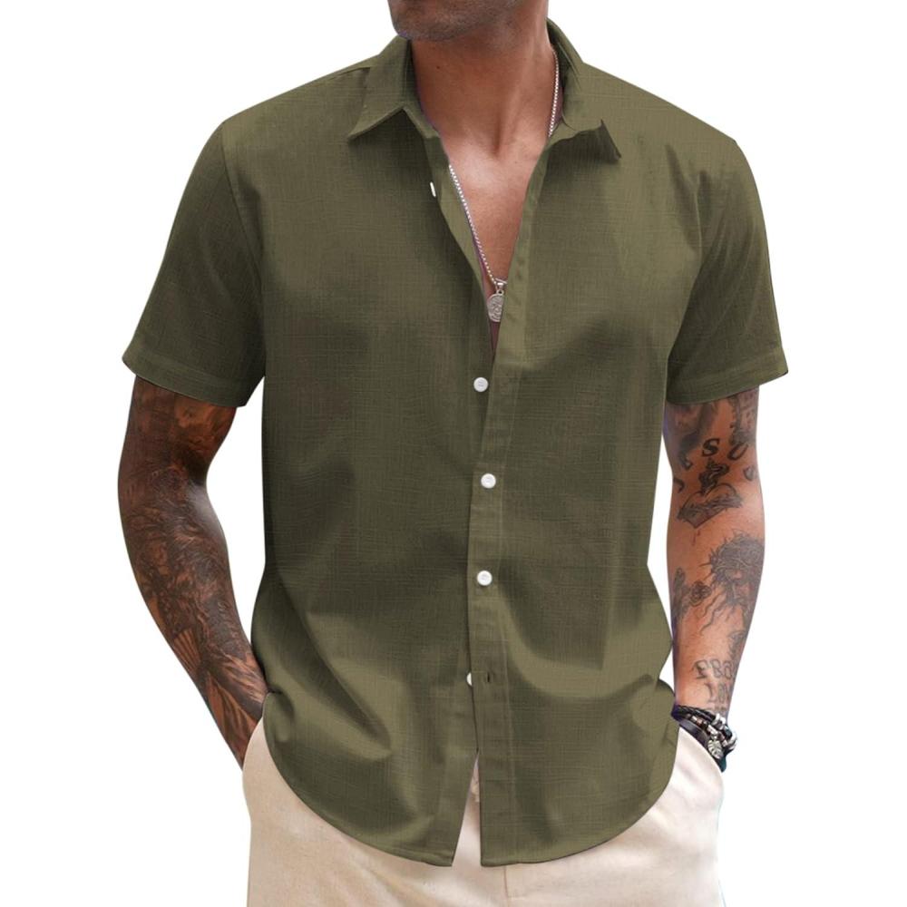 imageCOOFANDY Mens Shirt Casual Button Down Short Sleeve Shirt Summer Cotton Linen Beach ShirtsOlive Green