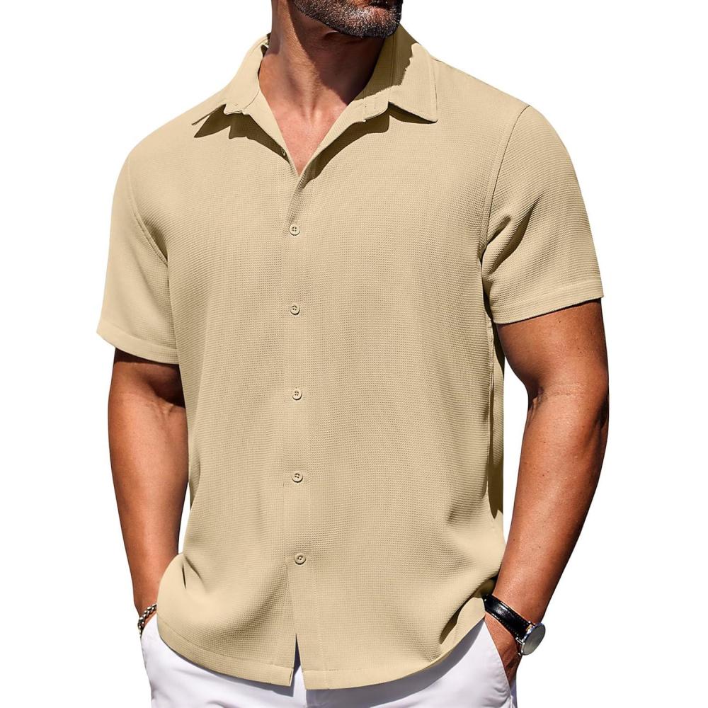 imageCOOFANDY Mens Short Sleeve Button Down Shirts Waffle Shirt Casual Beach Summer Shirts Wrinkle Free Vacation ShirtsKhaki