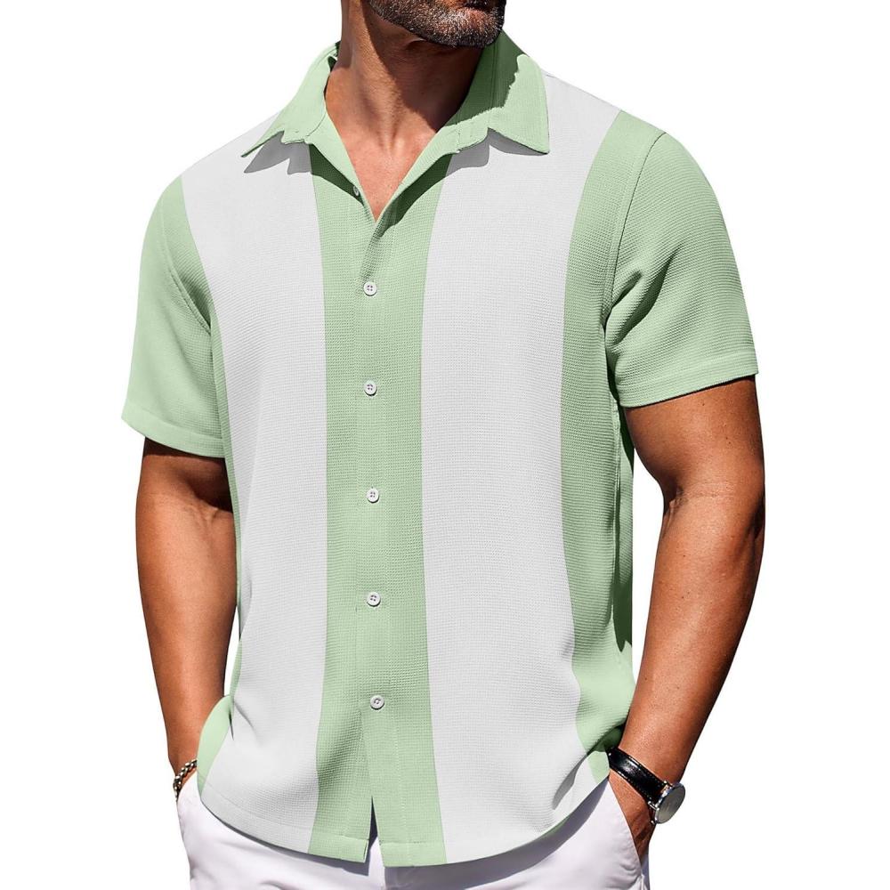 imageCOOFANDY Mens Short Sleeve Button Down Shirts Waffle Shirt Casual Beach Summer Shirts Wrinkle Free Vacation ShirtsMint White Combo