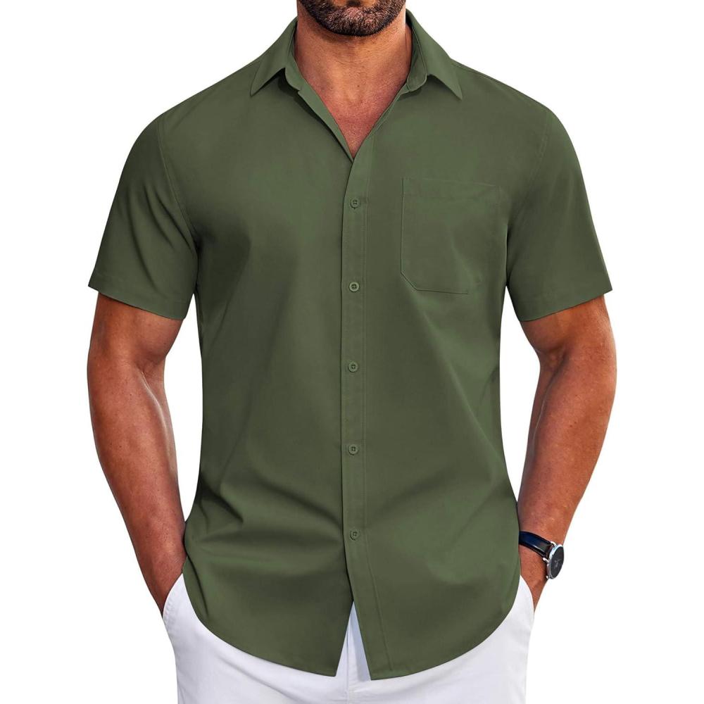 imageCOOFANDY Mens Short Sleeve Dress Shirts Wrinkle Free Business Casual Button Down Shirt with PocketArmy Green