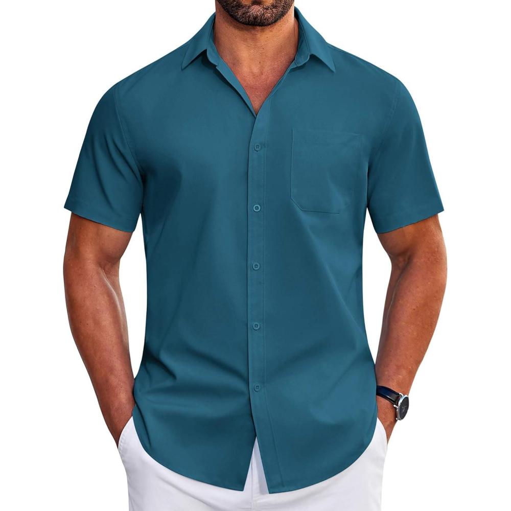 imageCOOFANDY Mens Short Sleeve Dress Shirts Wrinkle Free Business Casual Button Down Shirt with PocketBlue