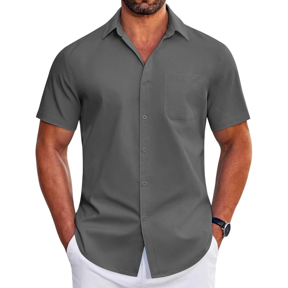 imageCOOFANDY Mens Short Sleeve Dress Shirts Wrinkle Free Business Casual Button Down Shirt with PocketDark Grey