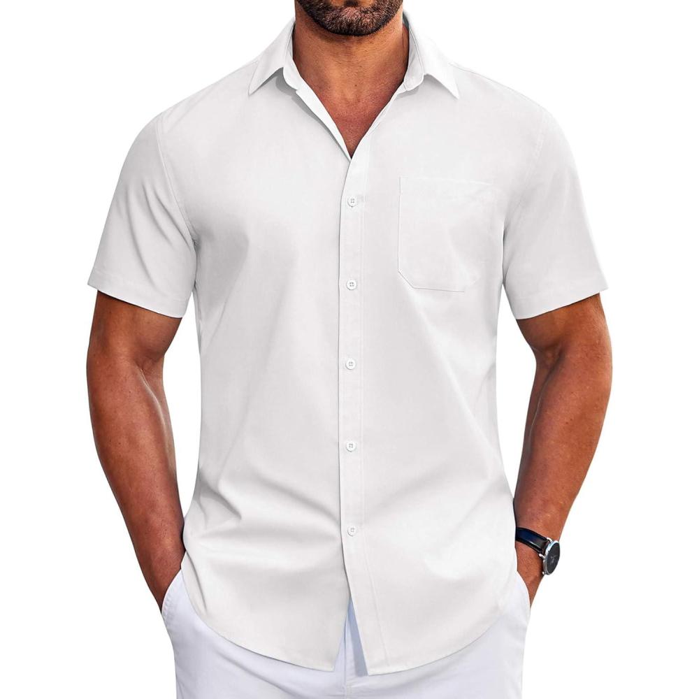 imageCOOFANDY Mens Short Sleeve Dress Shirts Wrinkle Free Business Casual Button Down Shirt with PocketWhite