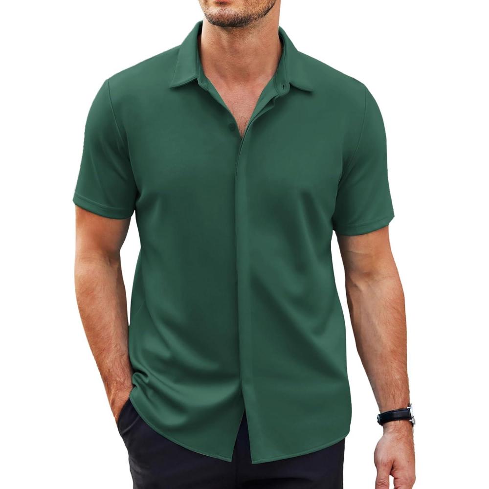 imageCOOFANDY Mens Short Sleeve Wrinkle Free Shirt Casual Button Down Shirt Summer Dress ShirtLake Green