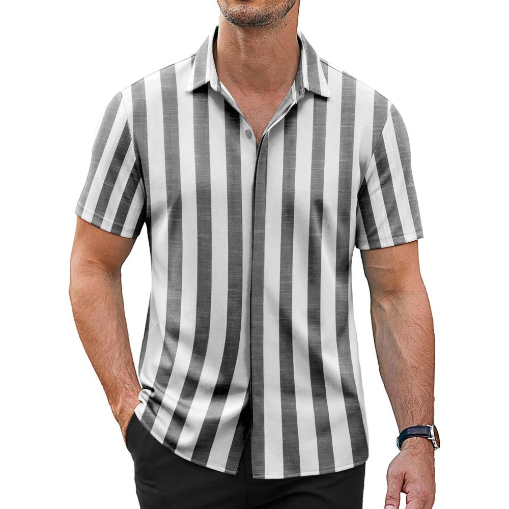 imageCOOFANDY Mens Short Sleeve Wrinkle Free Shirt Casual Button Down Shirt Summer Dress ShirtStripeblackwhite