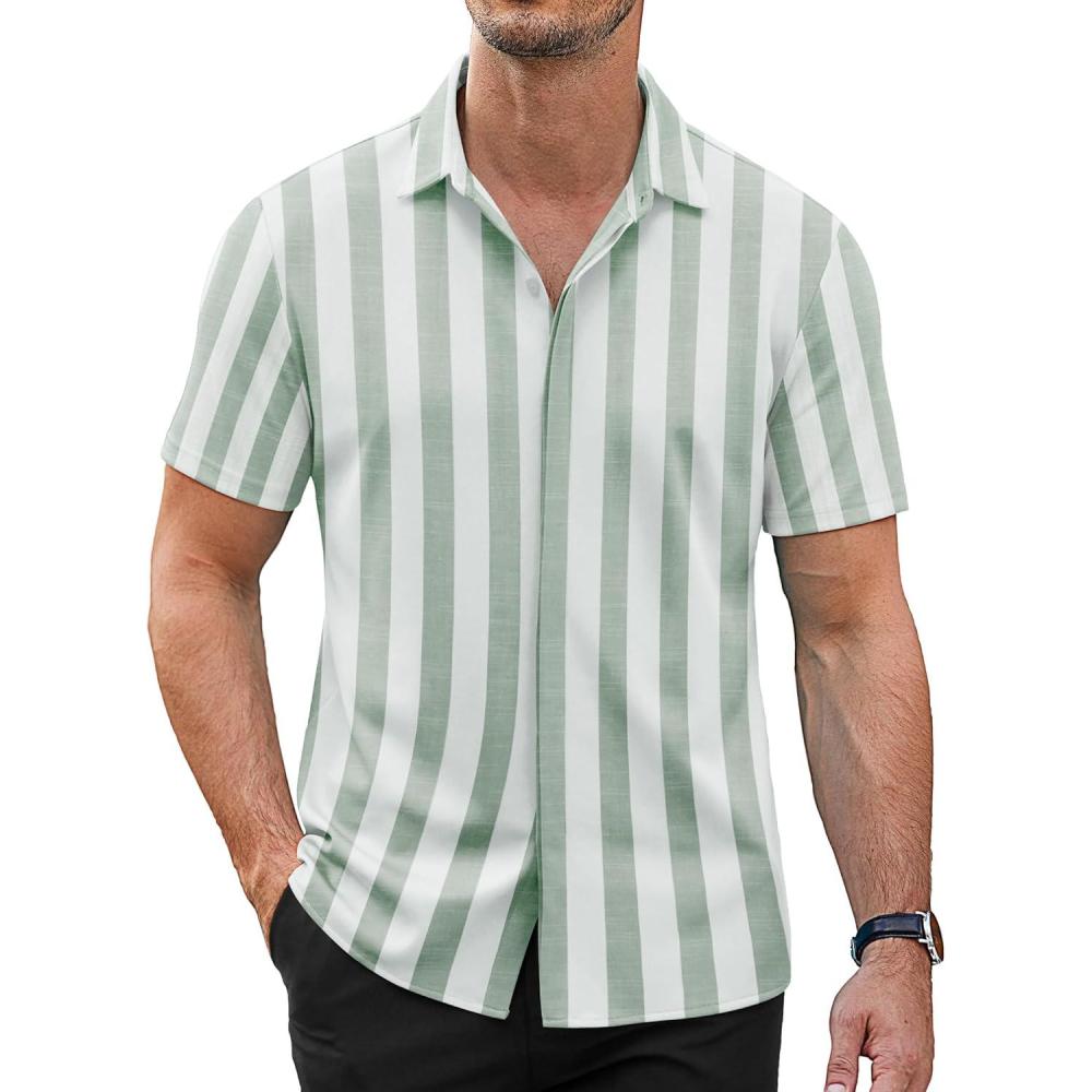imageCOOFANDY Mens Short Sleeve Wrinkle Free Shirt Casual Button Down Shirt Summer Dress ShirtStripegreenwhite