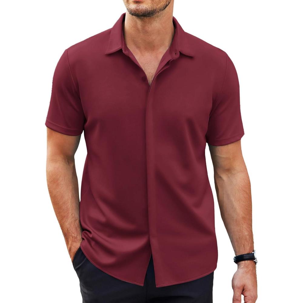 imageCOOFANDY Mens Short Sleeve Wrinkle Free Shirt Casual Button Down Shirt Summer Dress ShirtWine Red