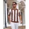 COOFANDY Mens Knit Polo Shirts V Neck Short Sleeve Stretch Polo T Shirt Casual Golf Shirts(Coffee – White Stripes)