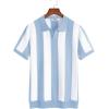 COOFANDY Mens Knit Polo Shirts V Neck Short Sleeve Stretch Polo T Shirt Casual Golf Shirts(Light Blue – White Stripes)