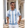 COOFANDY Mens Knit Polo Shirts V Neck Short Sleeve Stretch Polo T Shirt Casual Golf Shirts(Light Blue – White Stripes)