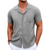 COOFANDY Men’s Casual Button Down Shirts Short Sleeve Summer Beach Shirt Cuban Vacation Textured Shirts with Pocket(Light Grey)