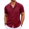COOFANDY Men’s Casual Button Down Shirts Short Sleeve Summer Beach Shirt Cuban Vacation Textured Shirts with Pocket(Wine Red)
