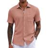 COOFANDY Men’s Casual Button Down Shirts Short Sleeve Textured Shirt Summer Untucked Vacation Beach Wedding Shirts(Pink)