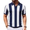 COOFANDY Mens Knit Polo Shirts V Neck Short Sleeve Stretch Polo T Shirt Casual Golf Shirts(Navy Blue – White Stripes)