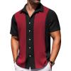 COOFANDY Mens Short Sleeve Button Down Shirts Waffle Shirt Casual Beach Summer Shirts Wrinkle Free Vacation Shirts(Black Burgundy Combo)