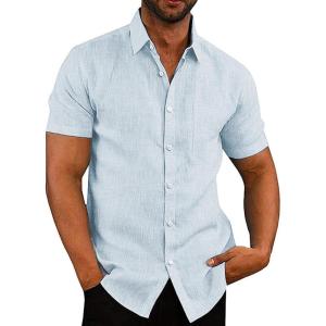COOFANDY Men’s Casual Button Down Shirts Short Sleeve Linen Shirts Summer Beach Dress Shirt(Linen – Clear Blue)