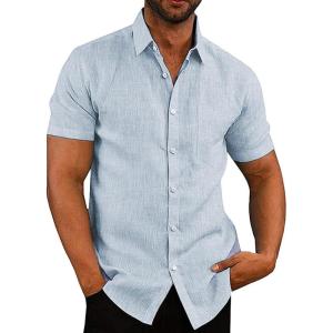 COOFANDY Men’s Casual Button Down Shirts Short Sleeve Linen Shirts Summer Beach Dress Shirt(Linen – Flecking Light Blue)