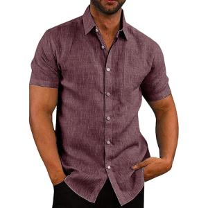 COOFANDY Men’s Casual Button Down Shirts Short Sleeve Linen Shirts Summer Beach Dress Shirt(Linen – Flecking Wine Red)