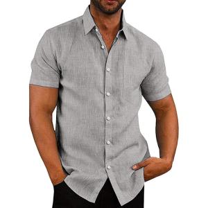 COOFANDY Men’s Casual Button Down Shirts Short Sleeve Linen Shirts Summer Beach Dress Shirt(Linen – Light Gray Flecking)