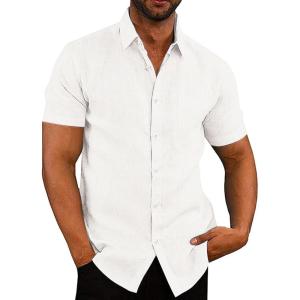 COOFANDY Men’s Casual Button Down Shirts Short Sleeve Linen Shirts Summer Beach Dress Shirt(White)