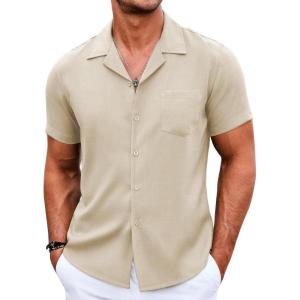 COOFANDY Men’s Casual Button Down Shirts Short Sleeve Summer Beach Shirt Cuban Vacation Textured Shirts with Pocket(Beige)