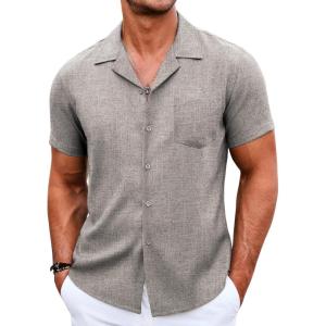 COOFANDY Men’s Casual Button Down Shirts Short Sleeve Summer Beach Shirt Cuban Vacation Textured Shirts with Pocket(Brown)