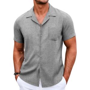 COOFANDY Men’s Casual Button Down Shirts Short Sleeve Summer Beach Shirt Cuban Vacation Textured Shirts with Pocket(Light Grey)