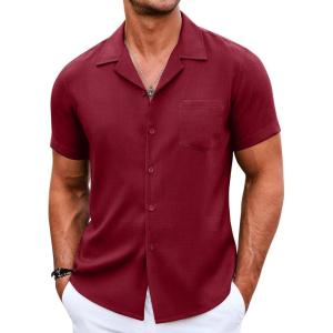 COOFANDY Men’s Casual Button Down Shirts Short Sleeve Summer Beach Shirt Cuban Vacation Textured Shirts with Pocket(Wine Red)