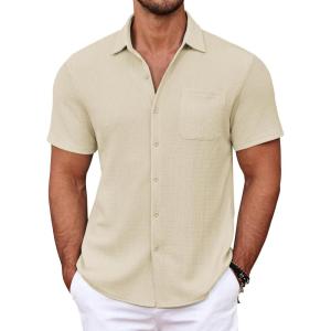 COOFANDY Men’s Casual Button Down Shirts Short Sleeve Textured Shirt Summer Untucked Vacation Beach Wedding Shirts(Beige)