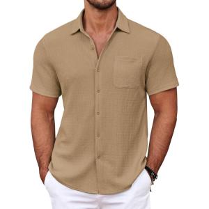 COOFANDY Men’s Casual Button Down Shirts Short Sleeve Textured Shirt Summer Untucked Vacation Beach Wedding Shirts(Khaki)