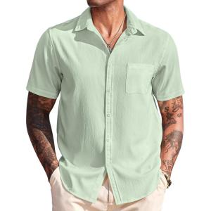 COOFANDY Men’s Casual Short Sleeve Button Down Summer Beach Shirt Lightweight Textured Wrinkle Free Untucked Shirts(Sea Foam)