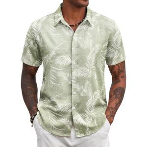 COOFANDY Mens Hawaiian Shirts Short Sleeve Tropical Button Down Shirt Floral Shirt Summer Beach Shirt(A-palm Leaf Green)