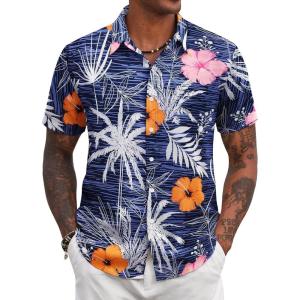 COOFANDY Mens Hawaiian Shirts Short Sleeve Tropical Button Down Shirt Floral Shirt Summer Beach Shirt(Flowers Blue Hibiscus)