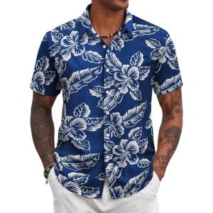 COOFANDY Mens Hawaiian Shirts Short Sleeve Tropical Button Down Shirt Floral Shirt Summer Beach Shirt(Flowers&leaf Navy)