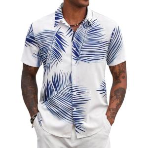 COOFANDY Mens Hawaiian Shirts Short Sleeve Tropical Button Down Shirt Floral Shirt Summer Beach Shirt(Leaf White&blue)