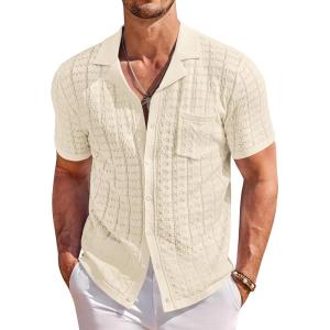 COOFANDY Men’s Knit Button Down Shirt Short Sleeve Vintage Polo Shirts Summer Casual Beach Tops(Beige)
