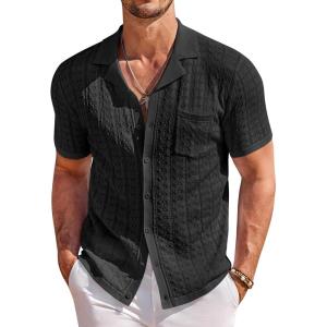 COOFANDY Men’s Knit Button Down Shirt Short Sleeve Vintage Polo Shirts Summer Casual Beach Tops(Black)