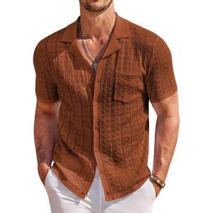 COOFANDY Men’s Knit Button Down Shirt Short Sleeve Vintage Polo Shirts Summer Casual Beach Tops(Caramel)