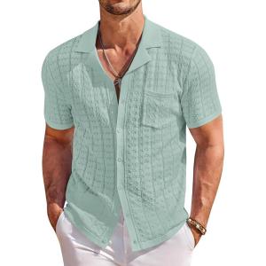 COOFANDY Men’s Knit Button Down Shirt Short Sleeve Vintage Polo Shirts Summer Casual Beach Tops(Ice Green)