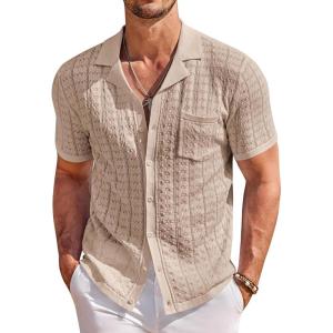 COOFANDY Men’s Knit Button Down Shirt Short Sleeve Vintage Polo Shirts Summer Casual Beach Tops(Khaki)