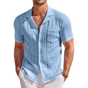 COOFANDY Men’s Knit Button Down Shirt Short Sleeve Vintage Polo Shirts Summer Casual Beach Tops(Light Blue)