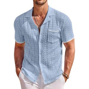COOFANDY Men’s Knit Button Down Shirt Short Sleeve Vintage Polo Shirts Summer Casual Beach Tops(Light Blue&white)
