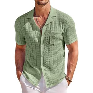COOFANDY Men’s Knit Button Down Shirt Short Sleeve Vintage Polo Shirts Summer Casual Beach Tops(Light Green)