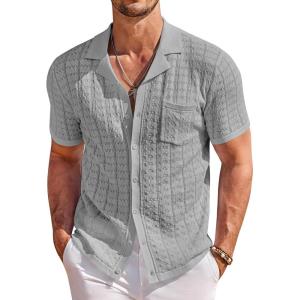 COOFANDY Men’s Knit Button Down Shirt Short Sleeve Vintage Polo Shirts Summer Casual Beach Tops(Light Grey)