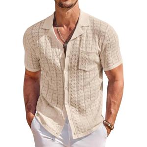 COOFANDY Men’s Knit Button Down Shirt Short Sleeve Vintage Polo Shirts Summer Casual Beach Tops(Light Khaki)