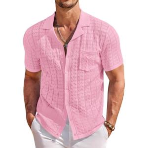 COOFANDY Men’s Knit Button Down Shirt Short Sleeve Vintage Polo Shirts Summer Casual Beach Tops(Light Pink)