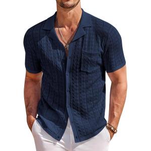 COOFANDY Men’s Knit Button Down Shirt Short Sleeve Vintage Polo Shirts Summer Casual Beach Tops(Navy Blue)